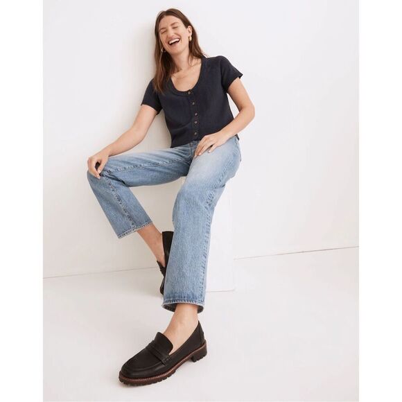 ✨Madewell Linden Scoop Sweater Dark Baltic Sz Medium Tee✨ - Picture 1 of 9